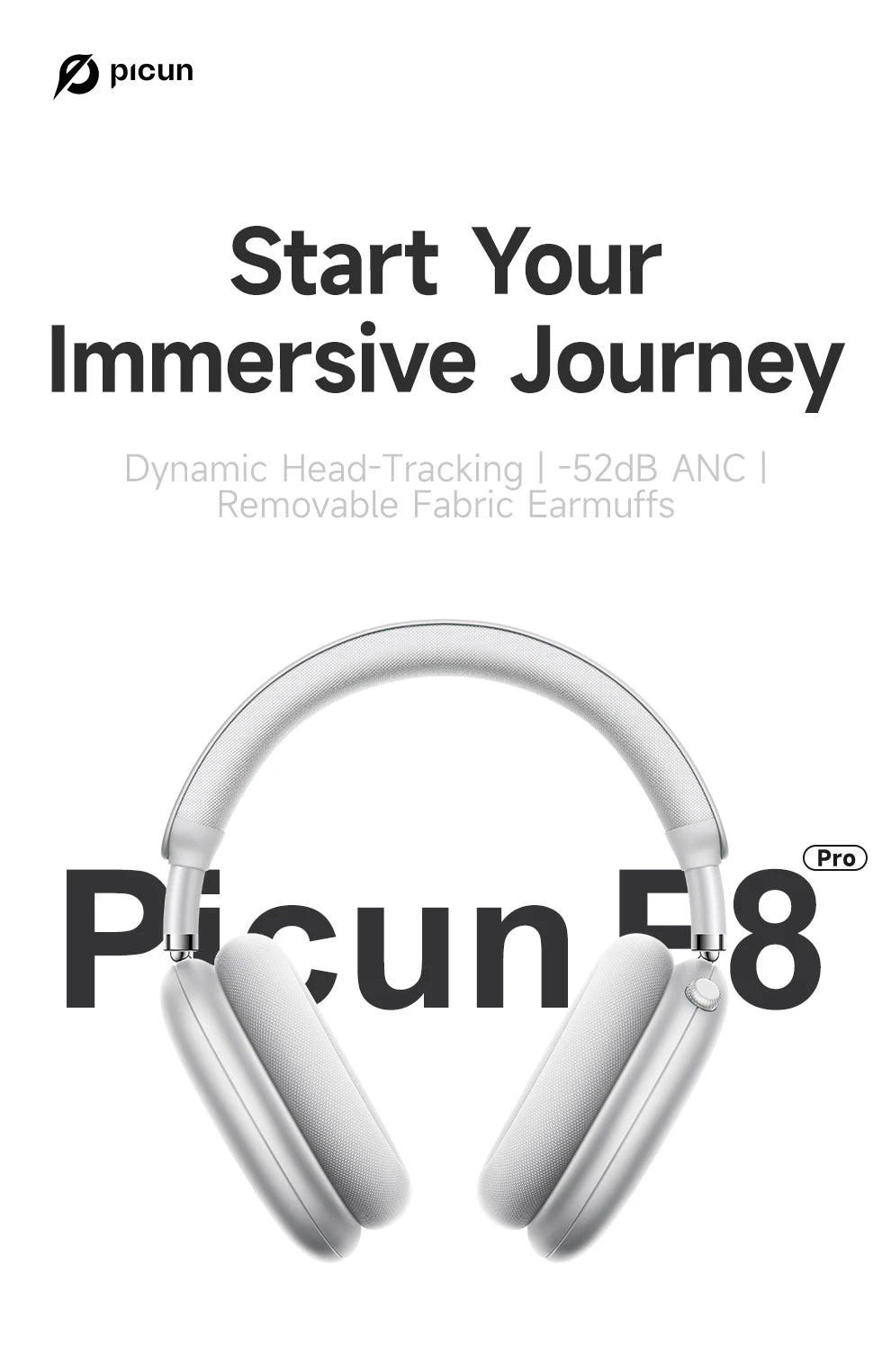 Picun F8 Pro ANC Wireless Headphones Head Tracking 3D Spatial Audio -52dB ANC HIFI Bluetooth Headset ENC HD Mic Low-Latency APP